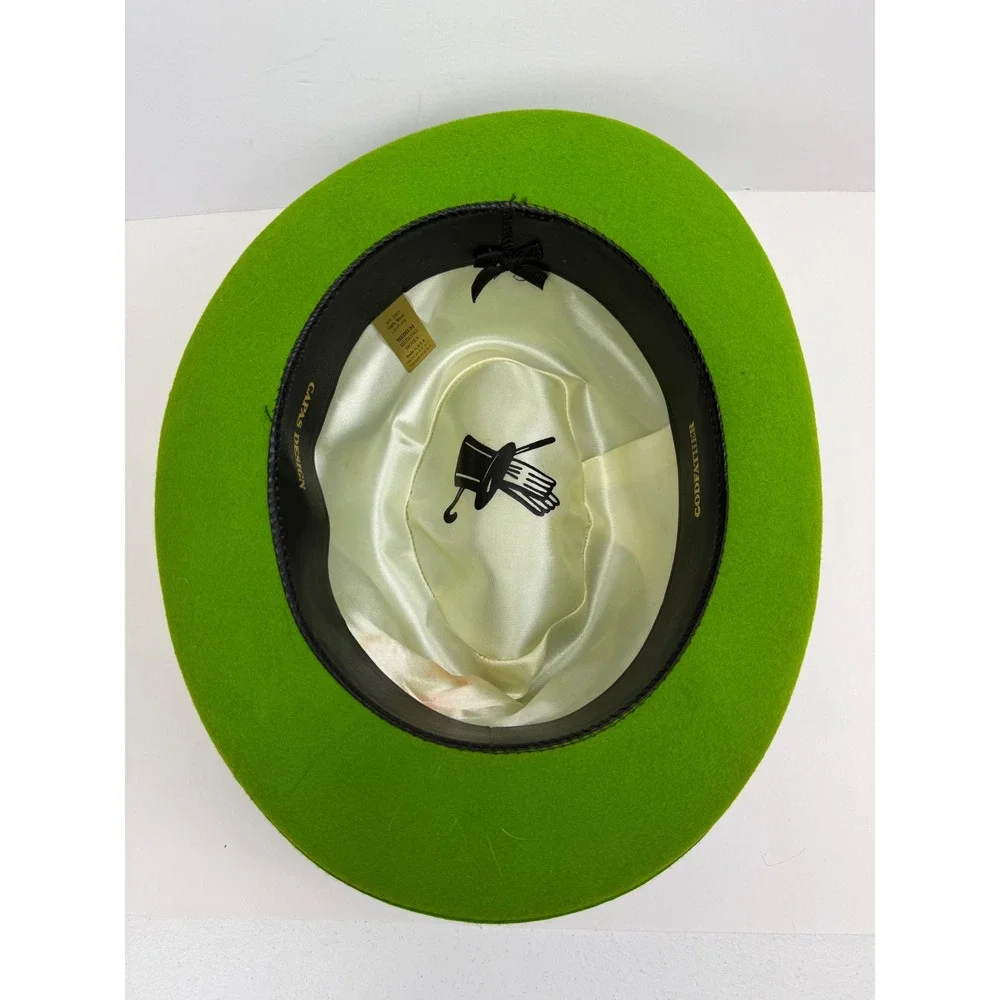 Vintage Capas Designs Lime Green Wool Fedora Hat with Feather Accent Godfather M